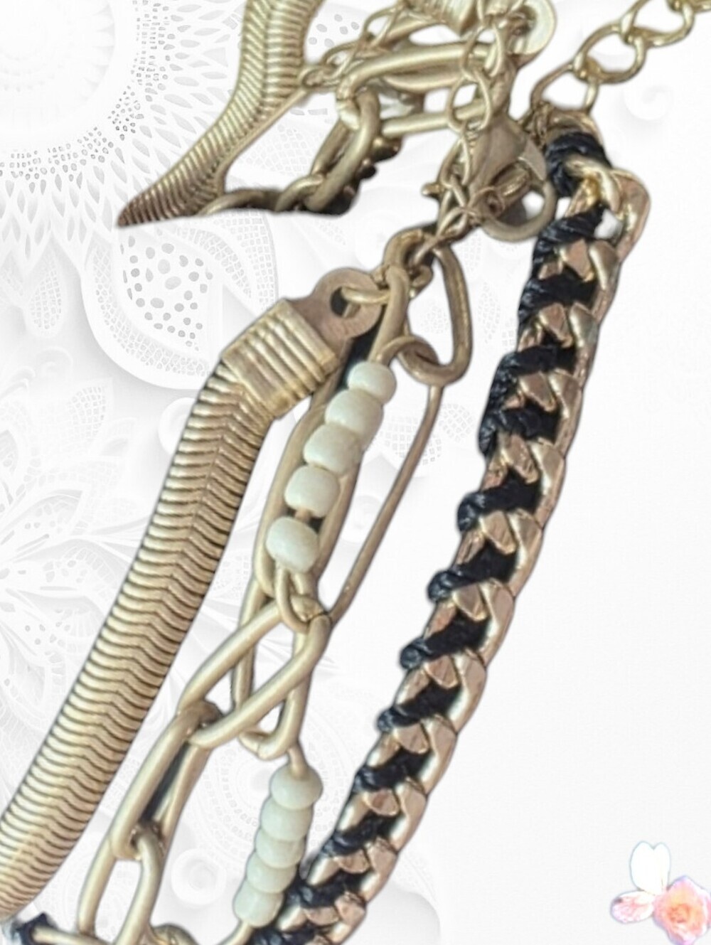 Layered Gold Black Chain Bracelet Set Beaded Mixed Chain Boho Stack
